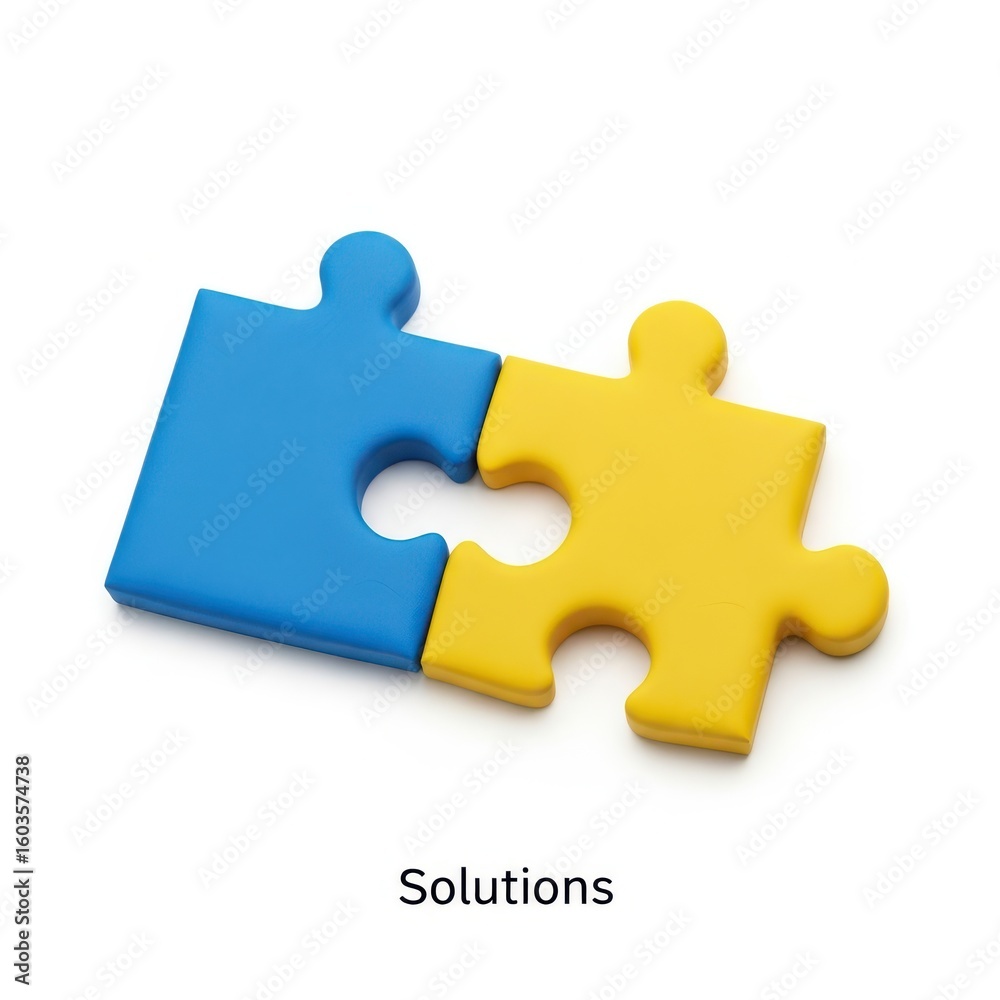 Obraz premium Two interlocking 3 D plastic puzzle pieces blue and yellow plastic 3d jigsaw puzzle