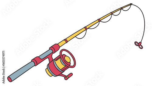 Fishing rod illustration with reel and line for sport fishing equipment and recreational angling usage