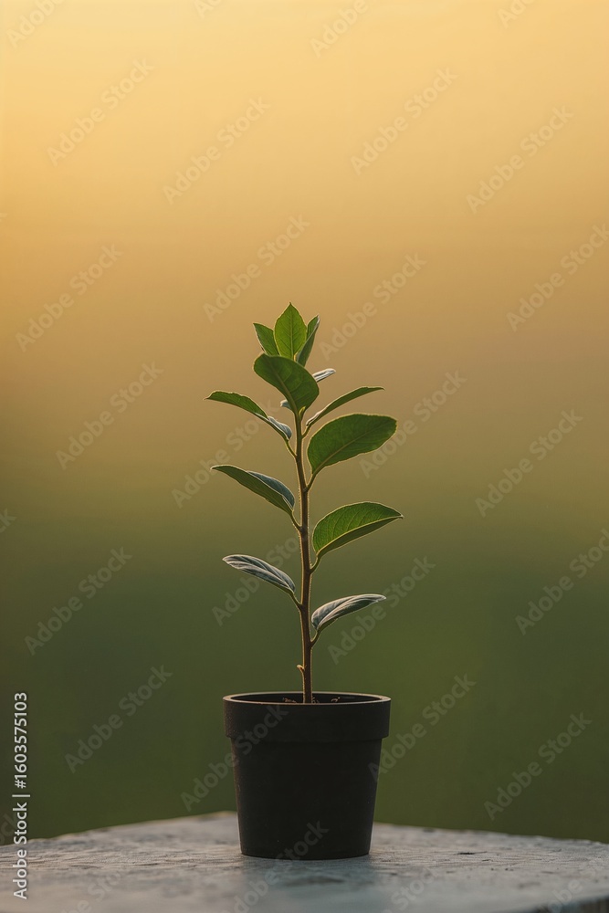 Fototapeta premium A small potted plant stands alone against a blurred, gradient background.