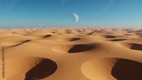 Serene Desert Landscape with Moon Over Sand Dunes