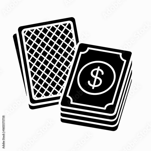 Playing cards and cash stack icon with solid fill black and white representing betting stakes