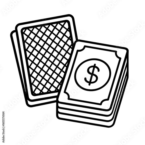 Playing cards and cash stack icon in outline style black and white representing betting stakes