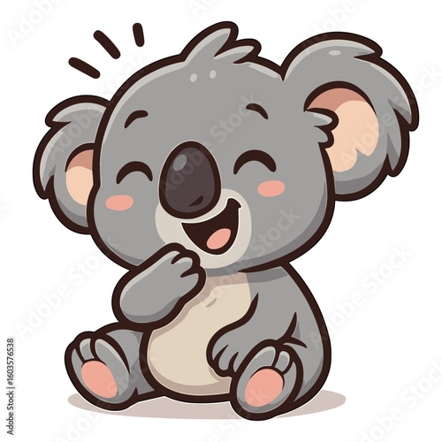A happy, cartoon koala bear sits and grins widely softly