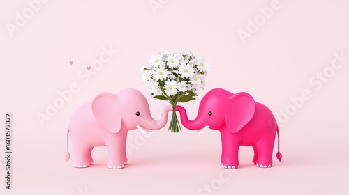 Soft cream gloss elephant and bright pink gloss elephant butting heads tenderly, trunks holding a bouquet of pure white flowers, vector mezzotint illustration in polished 3D style
