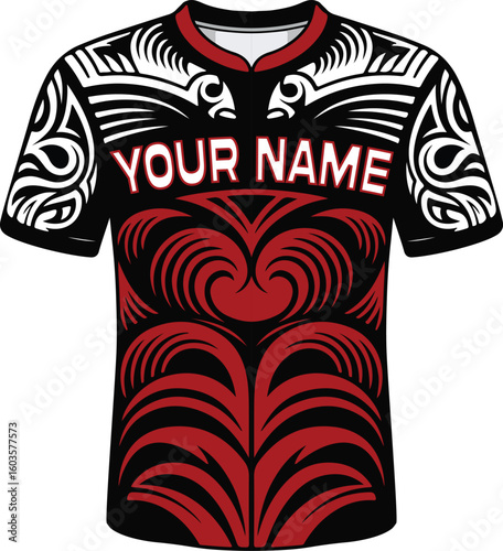 Maori-inspired Tribal Jersey with Customizable Name Black, and White  sport creative jersey design, football, volleyball, tennis, cricket, jump or any player uniform dress, modern minimal t shirt 