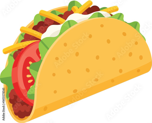 A cartoon taco with a yellow shell filled with meat lettuce tomato cheese and sour cream topping
