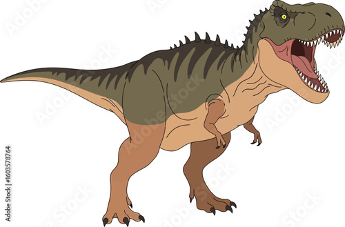 Illustration of a tyrannosaurus rex with an open mouth and sharp teeth on a white background