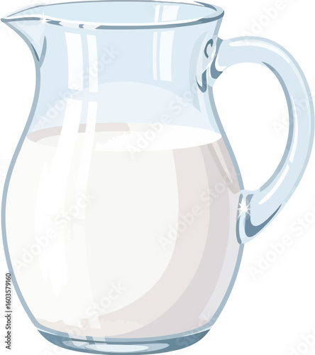 A clear glass pitcher filled with a white liquid, possibly milk, isolated on a white background view