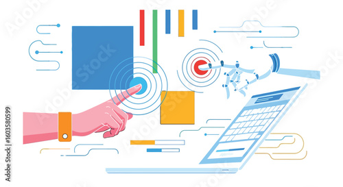 Human and robot collaborate on digital interface, symbolizing future tech and AI partnership.