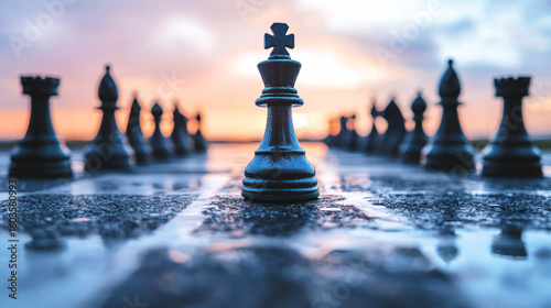 A chess board with a black king and a white queen on a wet, reflective surface, with a blurred background of a sunset sky.