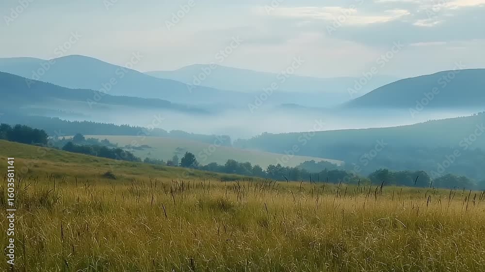 Misty mountain range view over a grassy plain Misty mountain range view over a grassy plain