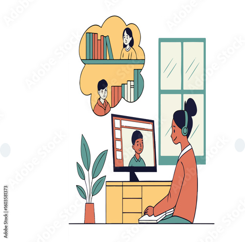 Businessman working on a computer at his desk in an office with a woman and child also present