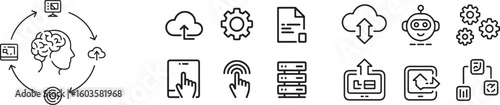Technology Evolution Line Icons – AI Integration, Remote Access, Smart Devices, and Network Flow Vector Pack