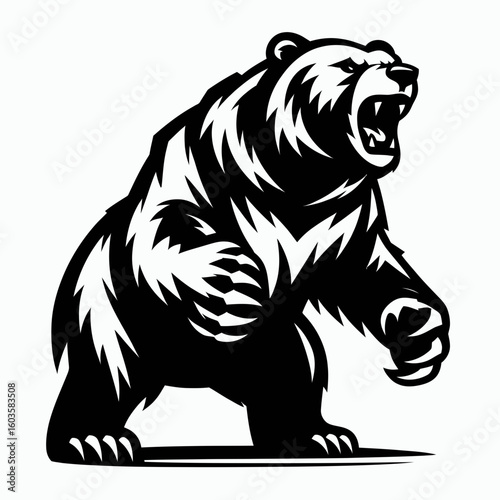 Bear growling defensive stance. Retro Cartoon Clipart Silhouette Stock Vector Line Art Illustration. Wild animal danger a warning posture with angry roar from protective carnivore.