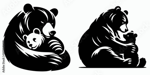 Bear hugging cub gently. Retro Cartoon Clipart Silhouette Stock Vector Line Art Illustration. Large mammal embracing young one softly a tender scene of animal kinship.