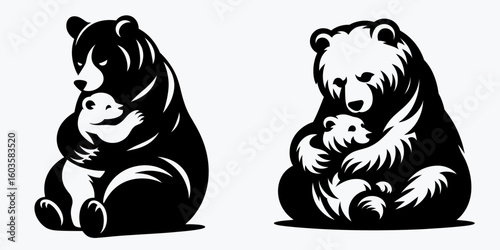 Bear hugging cub gently. Retro Cartoon Clipart Silhouette Stock Vector Line Art Illustration. Large mammal embracing offspring kindly animal parent tender protection.