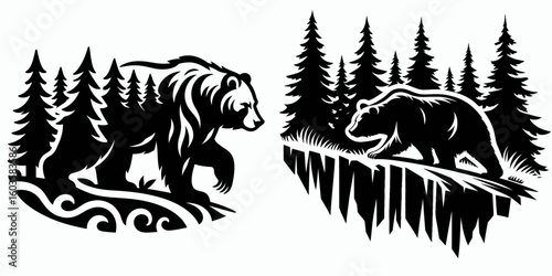 Bear prowling edge forest. Retro Cartoon Clipart Silhouette Stock Vector Line Art Illustration. Wild animal roaming border woodland a big mammal near timberland.