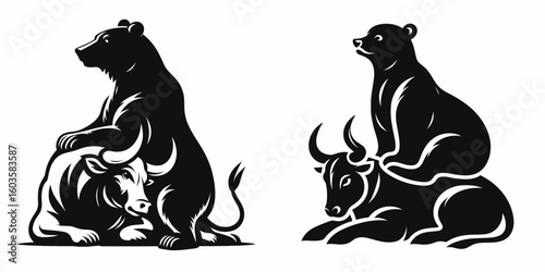 Bear resting on bull. Retro Cartoon Clipart Silhouette Stock Vector Line Art Illustration. Large animal at ease atop bovine wild mammal taking break above ox.