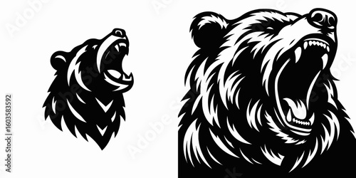 Bear roaring mouth wide. Retro Cartoon Clipart Silhouette Stock Vector Line Art Illustration. Huge animal bellow open maw wild creature vocalization ferocious wildlife cry.