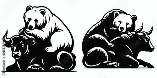 Bear resting on bull. Retro Cartoon Clipart Silhouette Stock Vector Line Art Illustration. Bruin atop bovine a creature taking break an animal comfort.