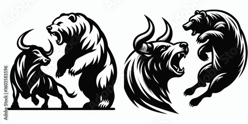 Bear roaring at bull closely. Retro Cartoon Clipart Silhouette Stock Vector Line Art Illustration. Angry wild mammal bellowing near bovine close encounter.