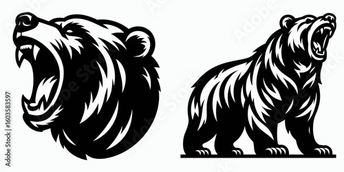 Bear roaring mouth wide. Retro Cartoon Clipart Silhouette Stock Vector Line Art Illustration. Fierce mammal bellow open jaws wildlife vocalizing big animal yell.