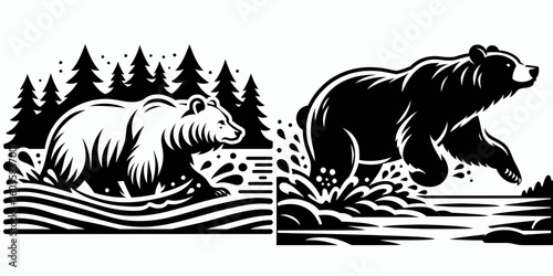 Bear swimming across stream. Retro Cartoon Clipart Silhouette Stock Vector Line Art Illustration. Wild mammal traversing brook wildlife in water animal during waterway crossing.
