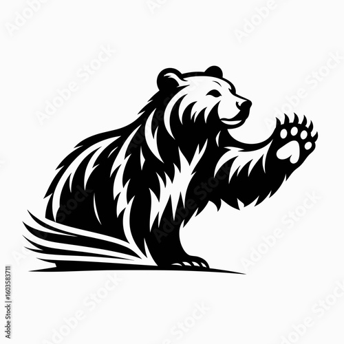 Bear swiping paw sideways. Retro Cartoon Clipart Silhouette Stock Vector Line Art Illustration. Large mammal using limb laterally predatory animal movement wildlife action.