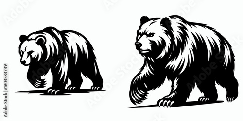 Bear walking forward claws out. Retro Cartoon Clipart Silhouette Stock Vector Line Art Illustration. Large mammal advancing demonstrating sharp nail a wild creature movement.