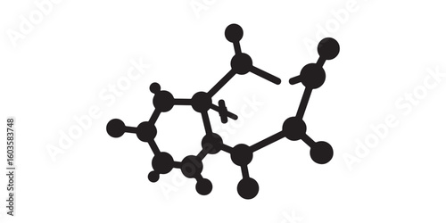 A black and white depiction of a molecular structure with interconnected atoms and bonds on white