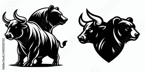 Bull and bear back to upset. Retro Cartoon Clipart Silhouette Stock Vector Line Art Illustration. Market animal reversal consecutive shocking economic turn finance volatility.