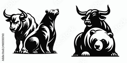 Bull and bear back to upset. Retro Cartoon Clipart Silhouette Stock Vector Line Art Illustration. Market rise decline unexpected economic shift investor frustration.