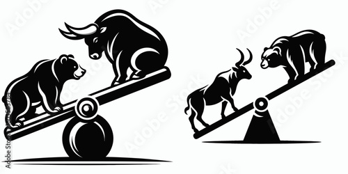 Bull and bear balancing seesaw. Retro Cartoon Clipart Silhouette Stock Vector Line Art Illustration. Market upturn/downturn on a level playground pivot activity concept.