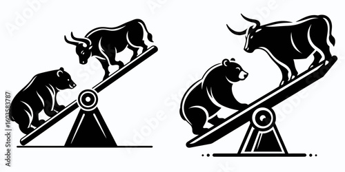 Bull and bear balancing seesaw. Retro Cartoon Clipart Silhouette Stock Vector Line Art Illustration. market trend investor sentiment scale price fluctuation economic balance.
