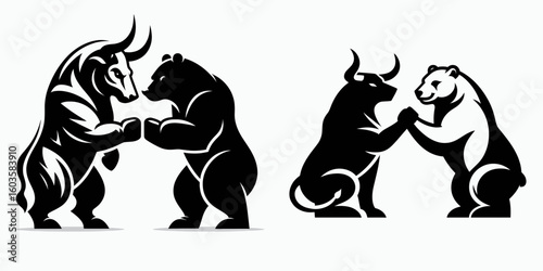 Bull and bear fist bump. Retro Cartoon Clipart Silhouette Stock Vector Line Art Illustration. Market partners union finance trade boom acceptance rising trend concept.