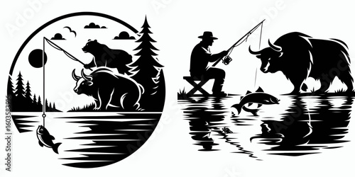 Bull and bear fishing lake. Retro Cartoon Clipart Silhouette Stock Vector Line Art Illustration. market theme angling pond a recreational water area for relaxation.