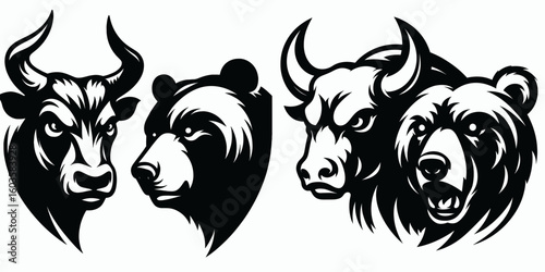 Bull and bear glaring angry. Retro Cartoon Clipart Silhouette Stock Vector Line Art Illustration. Market creatures face off enraged financial outlook animal confrontation.