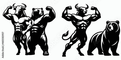 Bull and bear flexing muscles. Retro Cartoon Clipart Silhouette Stock Vector Line Art Illustration. market animal strength financial uptrend versus downtrend power concept.