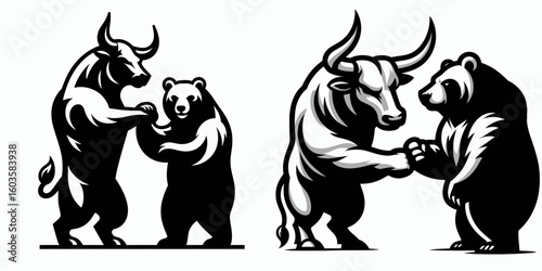 Bull and bear fist bump. Retro Cartoon Clipart Silhouette Stock Vector Line Art Illustration. market teamwork investment upturn meets downturn collaboration.