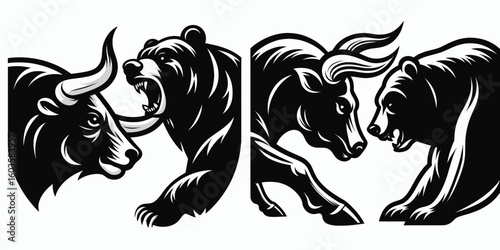 Bull and bear headbutt clash. Retro Cartoon Clipart Silhouette Stock Vector Line Art Illustration. Market combat bovine ursine confrontation in opposing directions.
