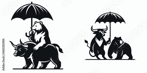Bull and bear holding umbrella. Retro Cartoon Clipart Silhouette Stock Vector Line Art Illustration. Market animal cover financial downturn shield protection.