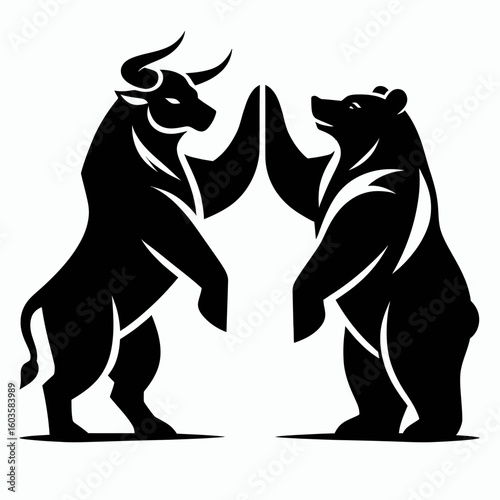 Bull and bear high five. Retro Cartoon Clipart Silhouette Stock Vector Line Art Illustration. market upbeat handshake a positive moment between buyer seller.