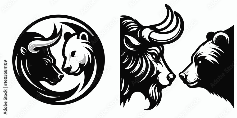 Obraz premium Bull and bear nose touch. Retro Cartoon Clipart Silhouette Stock Vector Line Art Illustration. Market upturn downturn adjacency finance trend near parity condition.