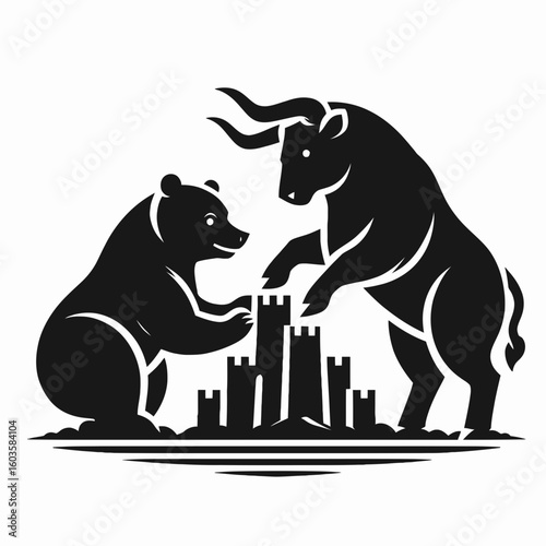Bull and bear making sandcastle. Retro Cartoon Clipart Silhouette Stock Vector Line Art Illustration. Market optimist pessimist build beach fort financial concept.