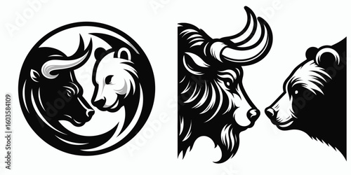 Bull and bear nose touch. Retro Cartoon Clipart Silhouette Stock Vector Line Art Illustration. Market upturn downturn adjacency finance trend near parity condition.