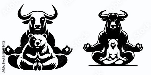 Bull and bear meditating together. Retro Cartoon Clipart Silhouette Stock Vector Line Art Illustration. market animal figures finding calm focus mind training.
