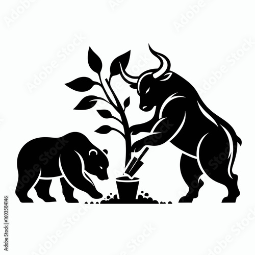 Bull and bear planting tree. Retro Cartoon Clipart Silhouette Stock Vector Line Art Illustration. Market optimist pessimist nurture sapling fostering growth.