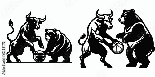 Bull and bear playing basketball. Retro Cartoon Clipart Silhouette Stock Vector Line Art Illustration. Market rivals enjoy hoop game financial figure compete on court.