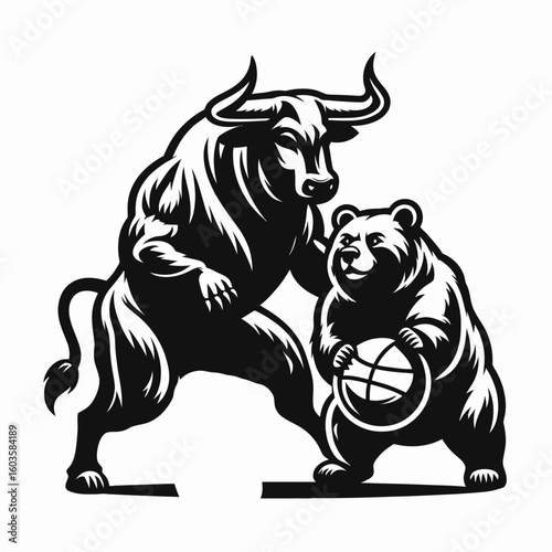 Bull and bear playing basketball. Retro Cartoon Clipart Silhouette Stock Vector Line Art Illustration. Ox bruin having a hoops match market rivalry concept.