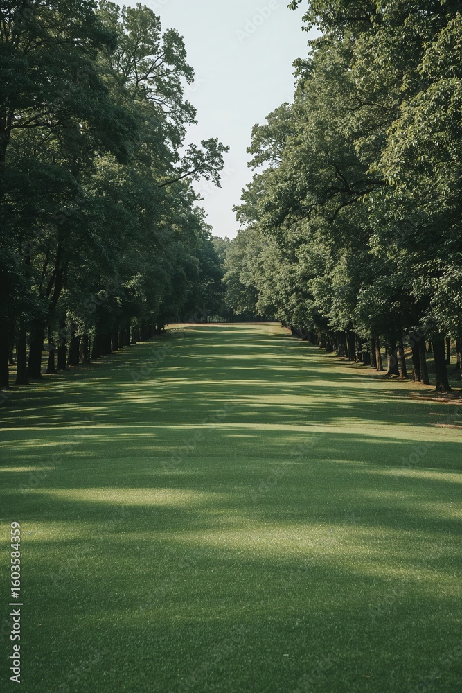 Obraz premium A well-maintained golf course fairway, lined with lush trees, stretches into the distance under a light sky.